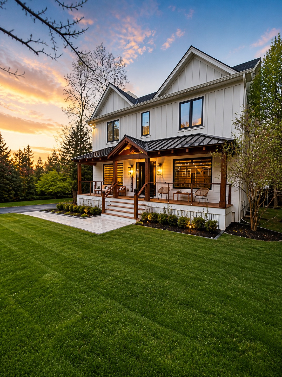 Greenfield House exterior at sunset